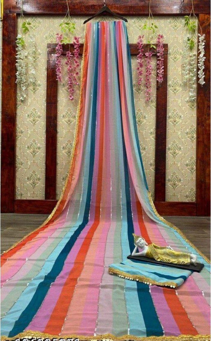 Vanshaft Collection AMAZING SKY BLUE COLOR PRINTED GEORGETTE SAREE WITH LACE BORDER