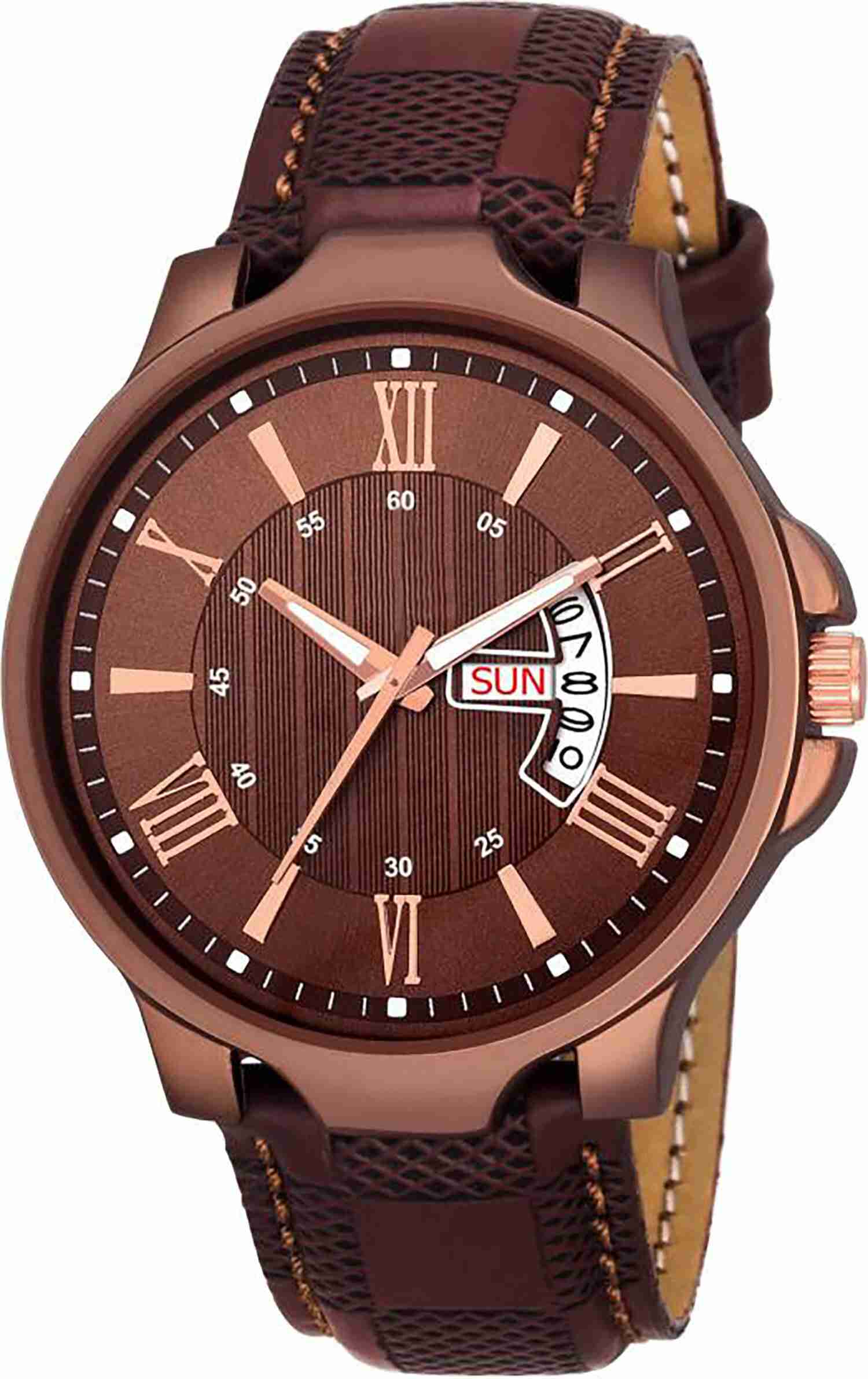 Genuine Leather Analog Quartz Sports Watch Water Resistant Brown Colour