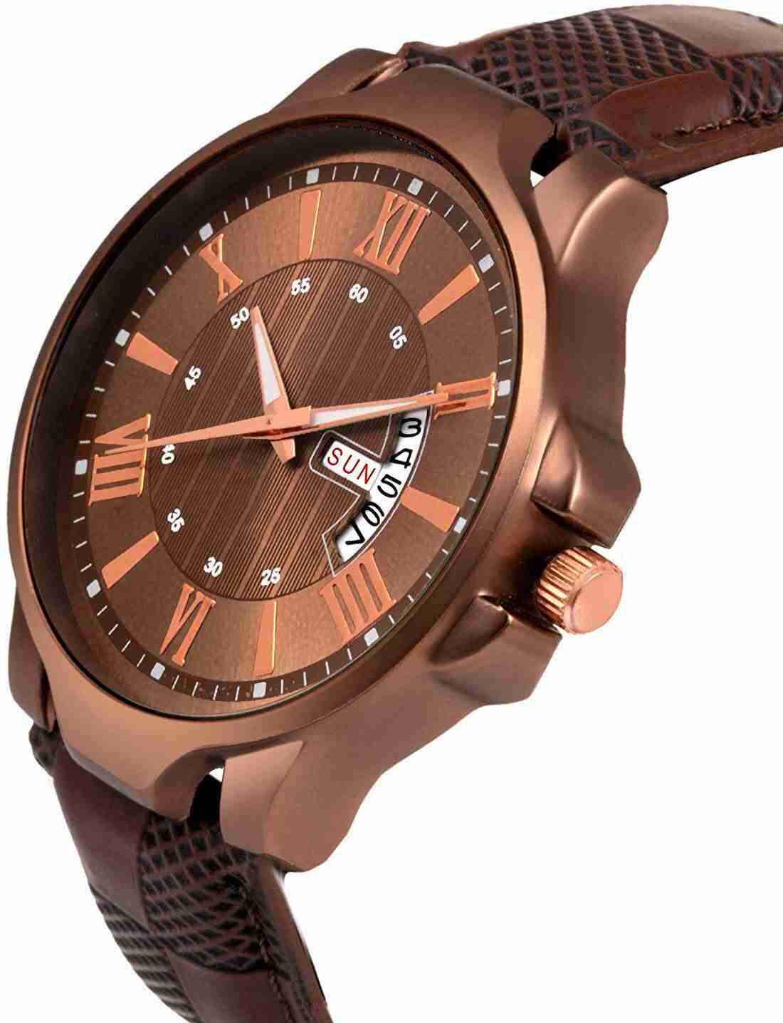 Genuine Leather Analog Quartz Sports Watch Water Resistant Brown Colour