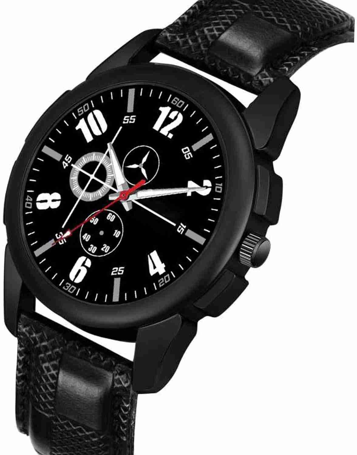 Genuine Leather Analog Quartz Sports Watch Water Resistant Black Colour