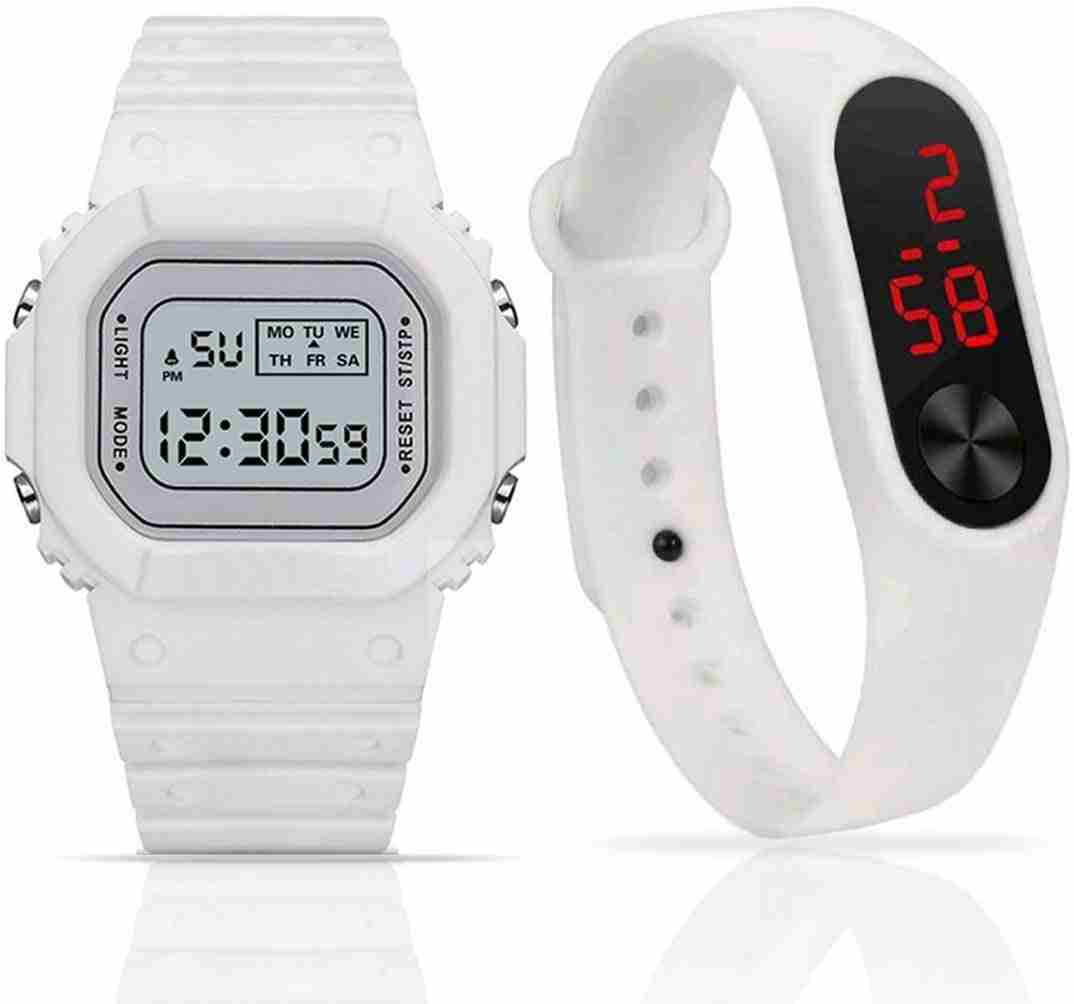 Silicone Digital Digital Sports Watch Water Resistant White Colour