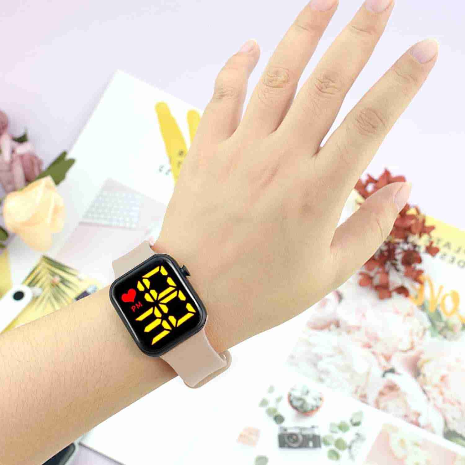 Silicone Digital Digital Sports Watch Water Resistant Beige Colour