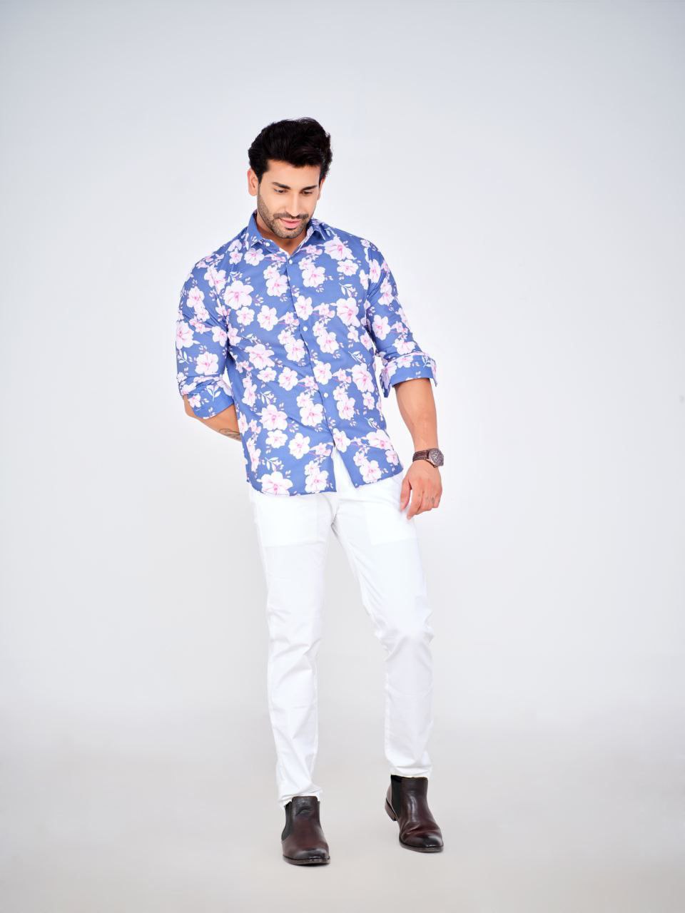 Floral Print Slim Fit Shirt - Blue & Pink