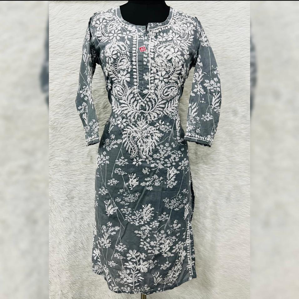 Lucknowi Chikankari Handwork (Ghas Patti) Mul Cotton Printed Kurti