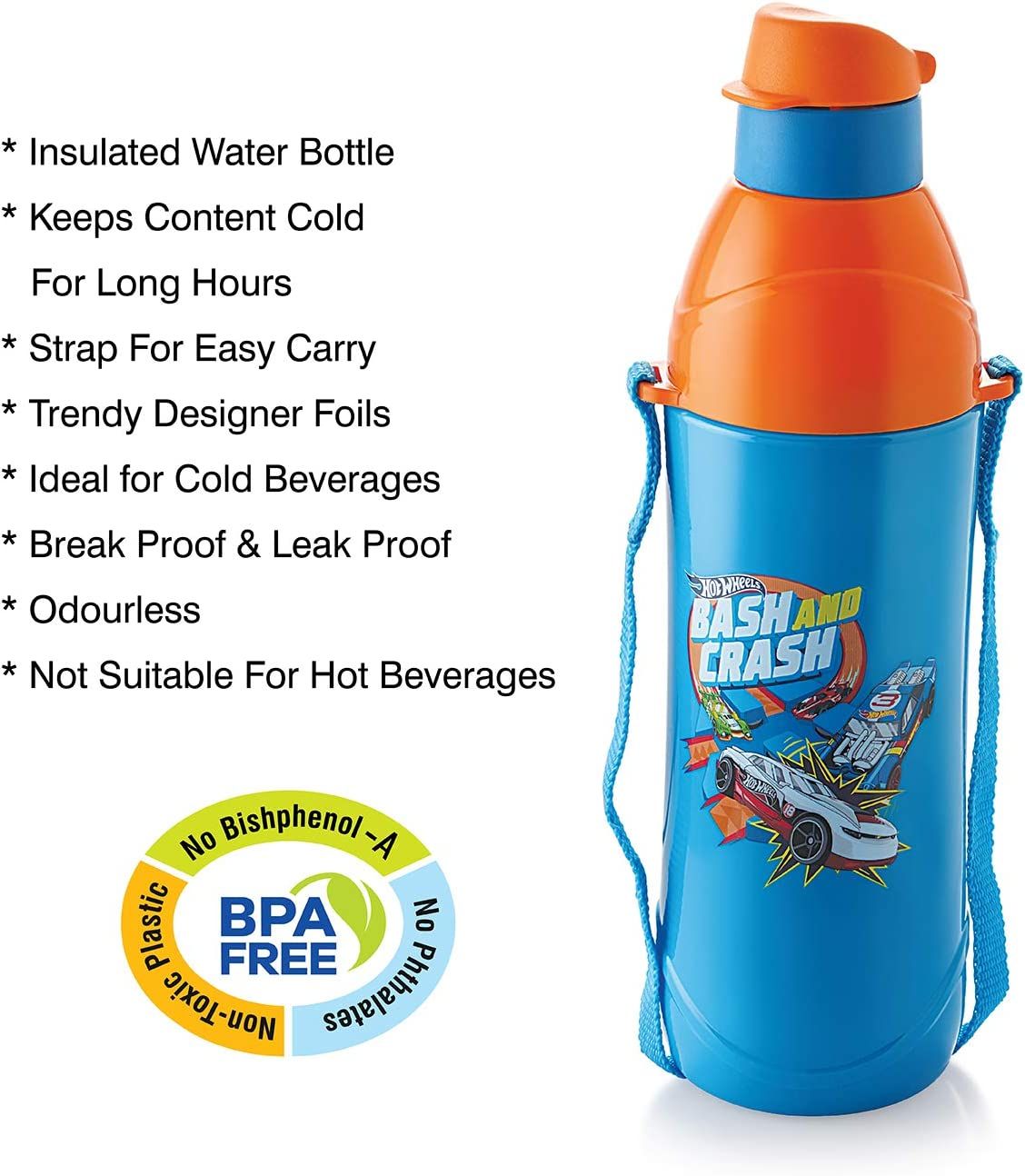 Cello Puro Junior Hot Wheel Print Plastic Water Bottle, 400ml, Dark Blue, Set of 1