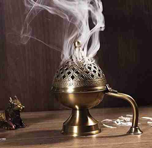 WithAgain Home Purifying Brass Dhuna Loban Burner Dhooni Dhoop Dani Dhuni Brass Table Dhoop Dani Incense Burner for Loban Size 8 inche 