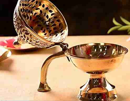 WithAgain Home Purifying Brass Dhuna Loban Burner Dhooni Dhoop Dani Dhuni Brass Table Dhoop Dani Incense Burner for Loban Size 8 inche 