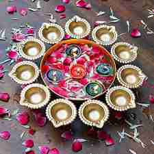 Urbaa Decorative Metal Diya Traditional Lotus Urli Tealight Holder Golden Bowl for Floating Flowers and Tea Light Candles Home,Office and Table Decor Special-Big Size (Multicolor) 14 Inch