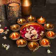 Urbaa Decorative Metal Diya Traditional Lotus Urli Tealight Holder Golden Bowl for Floating Flowers and Tea Light Candles Home,Office and Table Decor Special-Big Size (Multicolor) 14 Inch