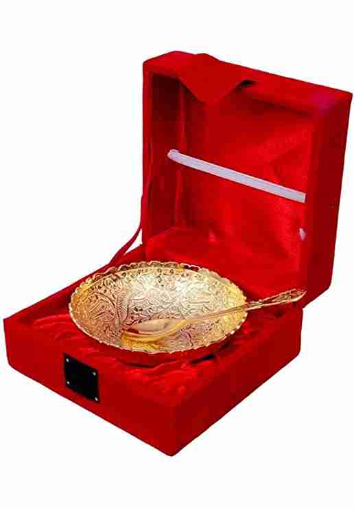 WithAgain and Brass Gold Plated Floral Bowl Set with Serving Spoon Used for Dry Fruit, Sweets Home Decor Item with Velvet Box Size 4 inche 