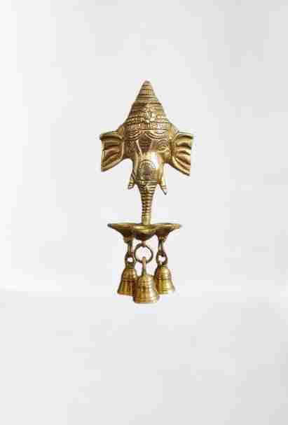 WithAgain Brass Ganesha Ji Wall Hanging Diya with Bells for Home Decor, Brass Hanging Diyas Oil Lamp, Diwali Gifts, Diyas for Diwali, Ghanti for Pooja, Temple Decor, Standard, Pack of 1 