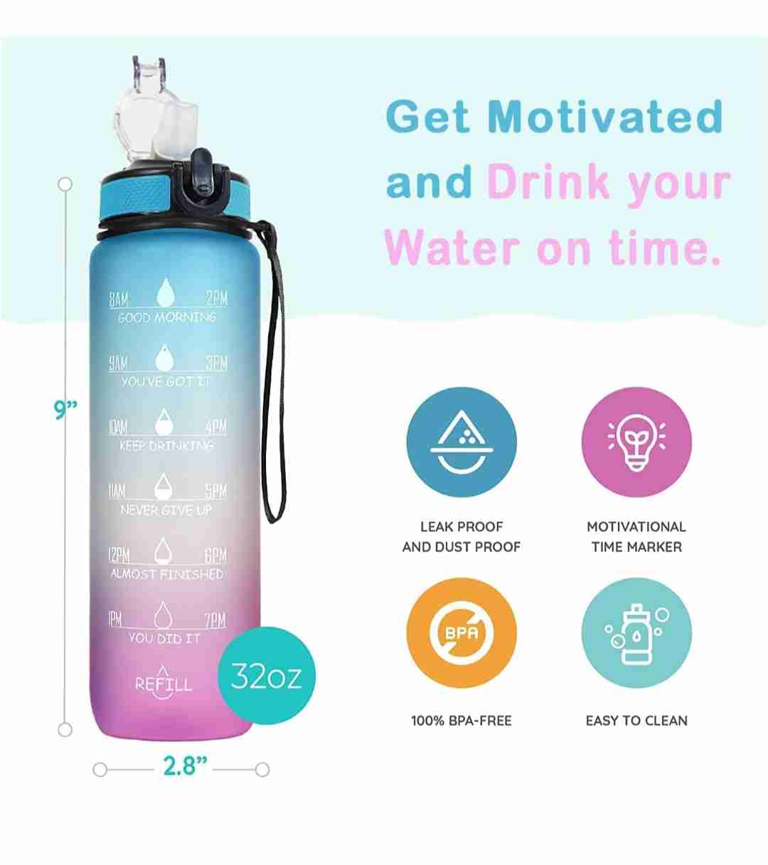 Water Bottle 1 Litre with Motivational Time Marker, Water bottle for office,Water bottle for gym, Detoxing eBook included