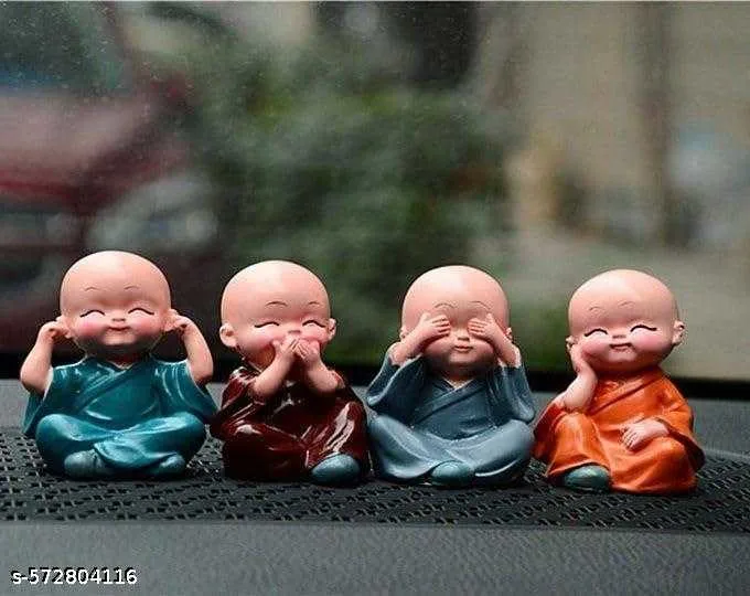 Set of 4 Miniature Buddha Monk with Jute Straw hat Cap Figurines Showpiece for Home, Office Decoration(Multicolor)