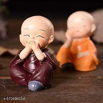 Set of 4 Miniature Buddha Monk with Jute Straw hat Cap Figurines Showpiece for Home, Office Decoration(Multicolor)