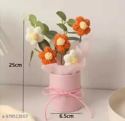 1 Pcs Artificial Daisy Crochet Flower Bouquet with Pot | Home Decor,Table,Gift Red Daisy Artificial Flower with Pot (22 cm, Pack of 2) multicolours