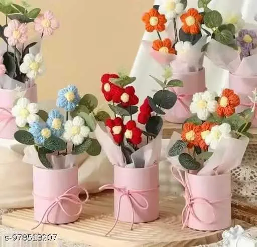 1 Pcs Artificial Daisy Crochet Flower Bouquet with Pot | Home Decor,Table,Gift Red Daisy Artificial Flower with Pot (22 cm, Pack of 2) multicolours
