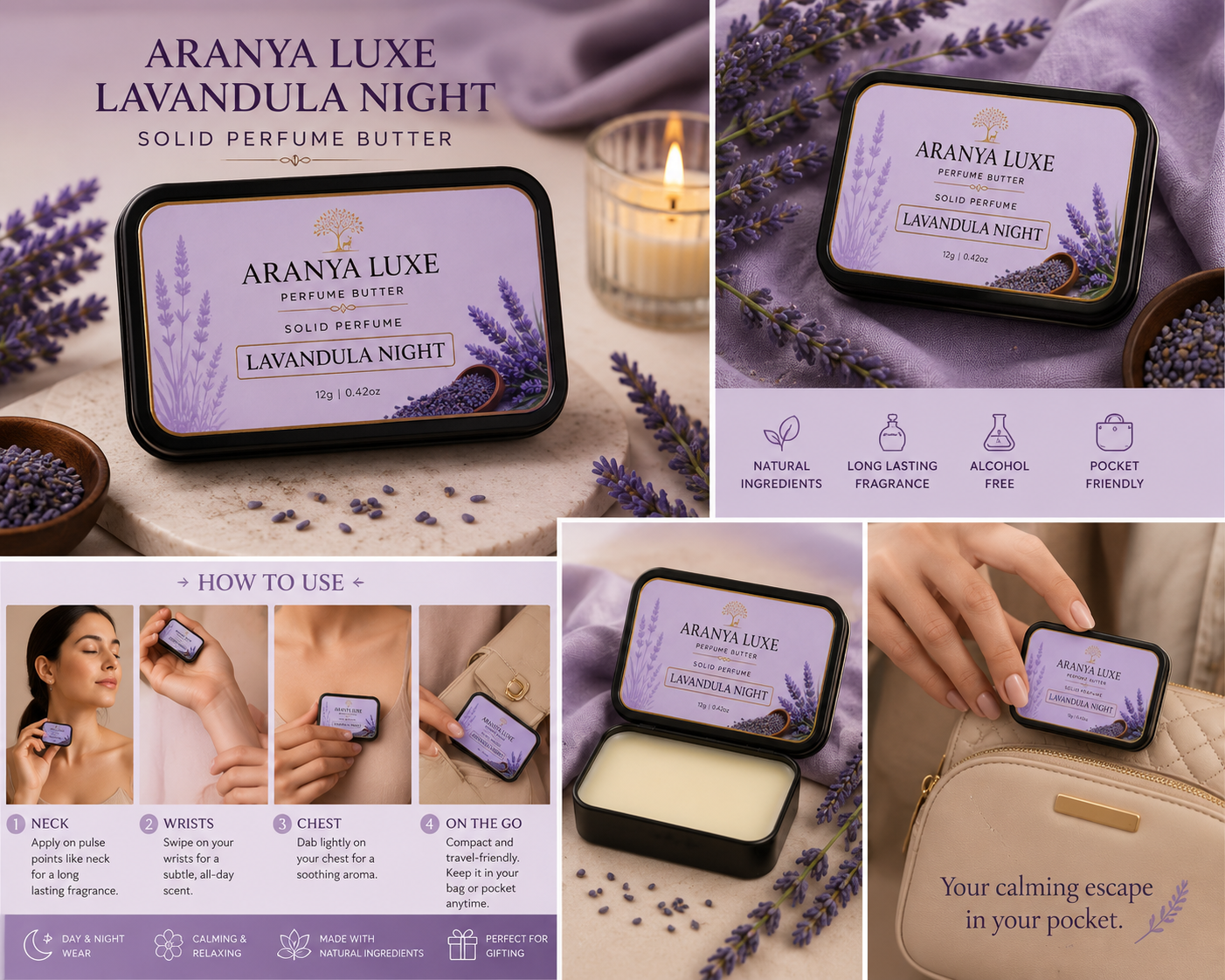 ARANYA LUXE LavanSandal Solid Perfume | Long Lasting Unisex Perfume Balm 12g PAKC OF 2