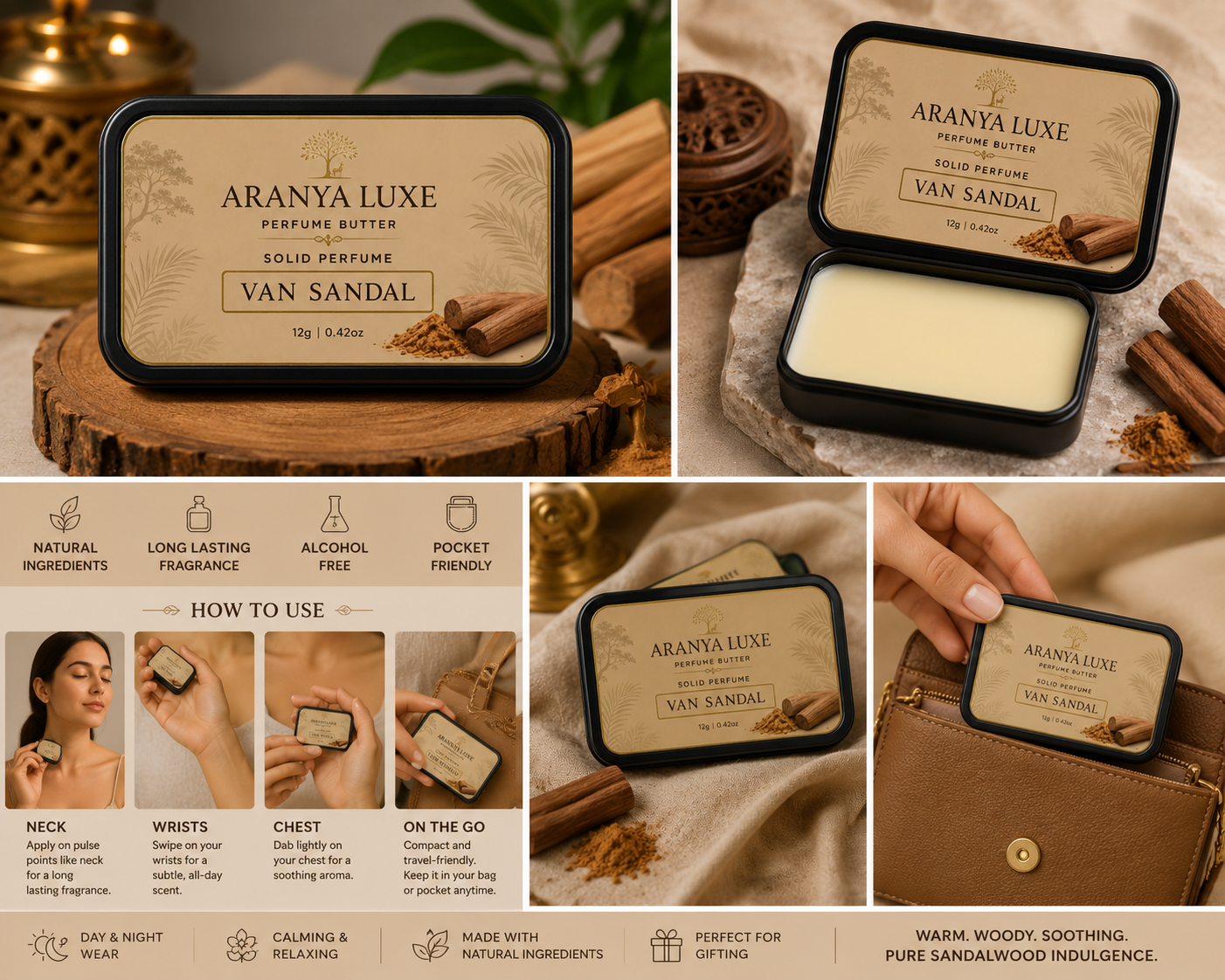 ARANYA LUXE LavanSandal Solid Perfume | Long Lasting Unisex Perfume Balm 12g PAKC OF 2