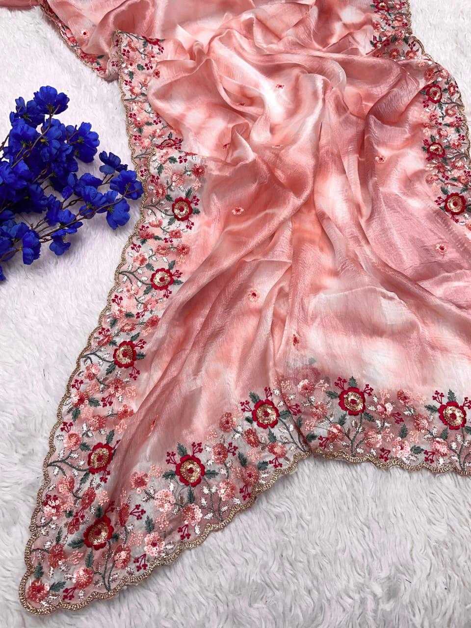 Beautiful Soft Jimmy Choo Saree with Heavy C-Pallu, Multi-Coloured Sequin, Thread & Zari Work, Rich Cutwork Lace, Unstitched Blouse