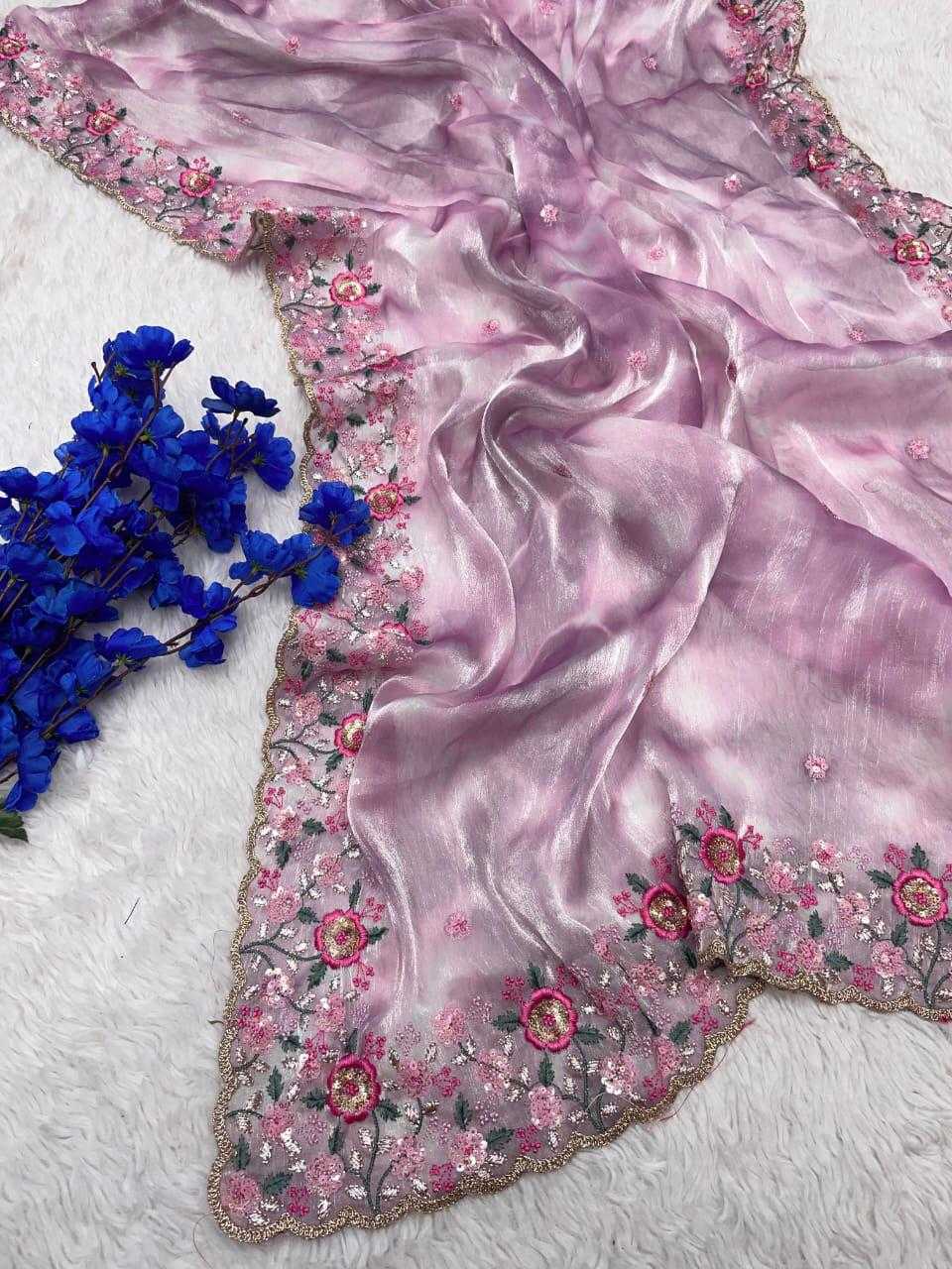 Beautiful Soft Jimmy Choo Saree with Heavy C-Pallu, Multi-Coloured Sequin, Thread & Zari Work, Rich Cutwork Lace, Unstitched Blouse
