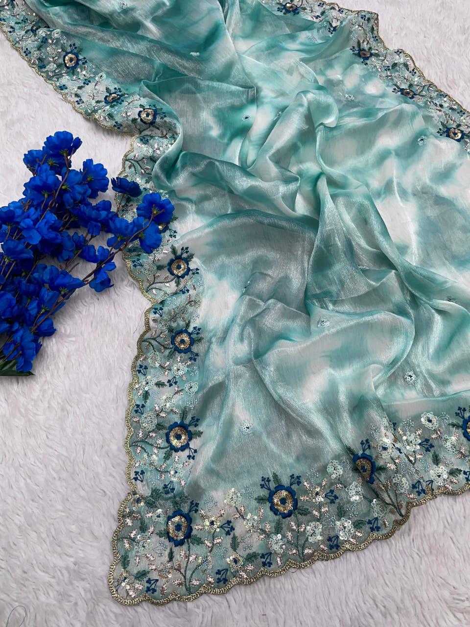 Beautiful Soft Jimmy Choo Saree with Heavy C-Pallu, Multi-Coloured Sequin, Thread & Zari Work, Rich Cutwork Lace, Unstitched Blouse