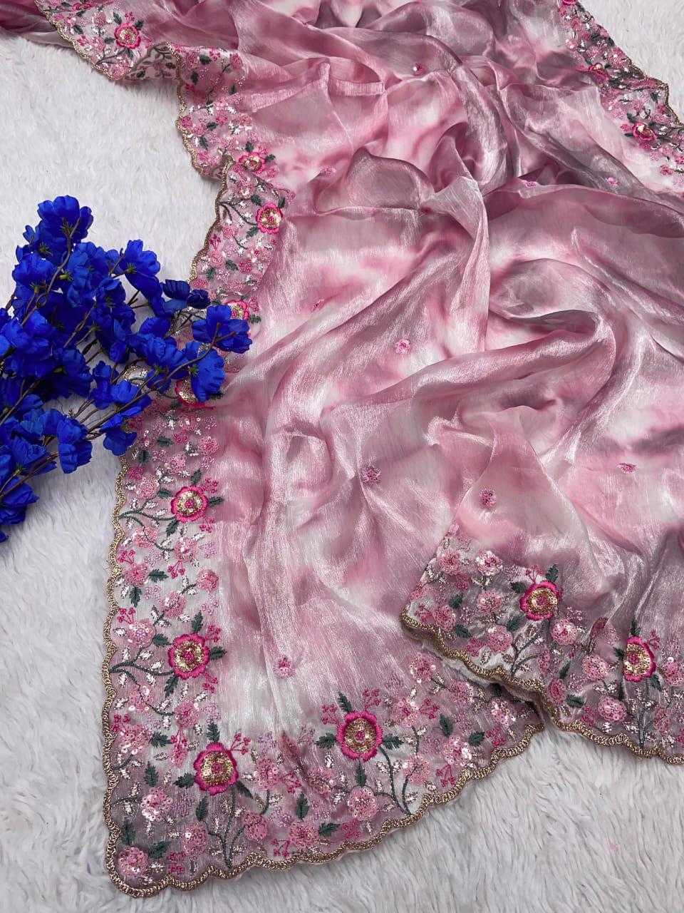 Beautiful Soft Jimmy Choo Saree with Heavy C-Pallu, Multi-Coloured Sequin, Thread & Zari Work, Rich Cutwork Lace, Unstitched Blouse